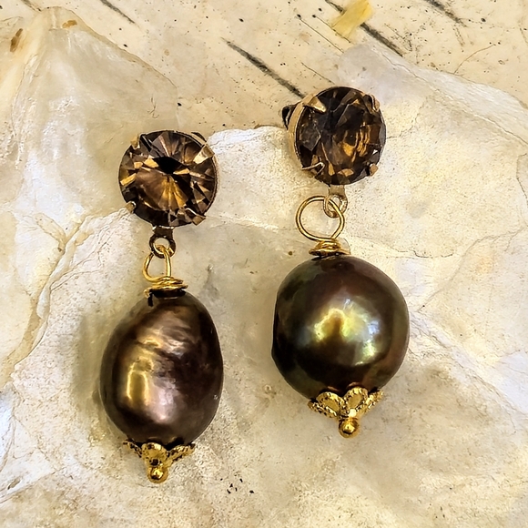 Natural Brown Smoky Quartz 3.4 TW Carats  & Chocolate Pearl Earrings Gold Plated - Picture 4 of 7